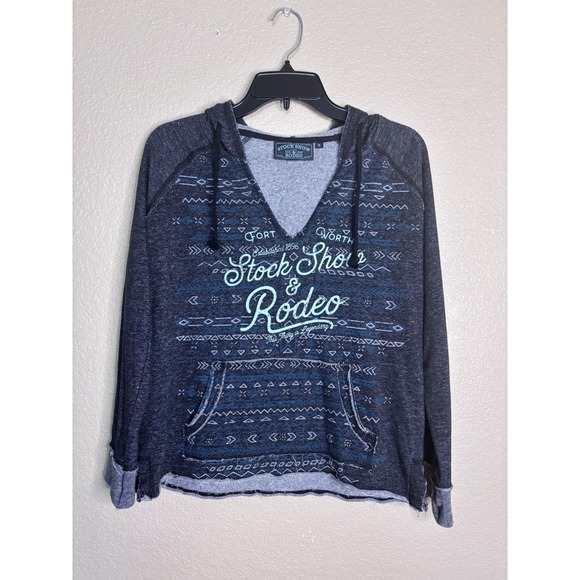 Fort Worth Stock Show & Rodeo Tops - Fort Worth Stock Show & Rodeo Hoodie Small Gray Aztec‎ Western V-Neck Pullover
